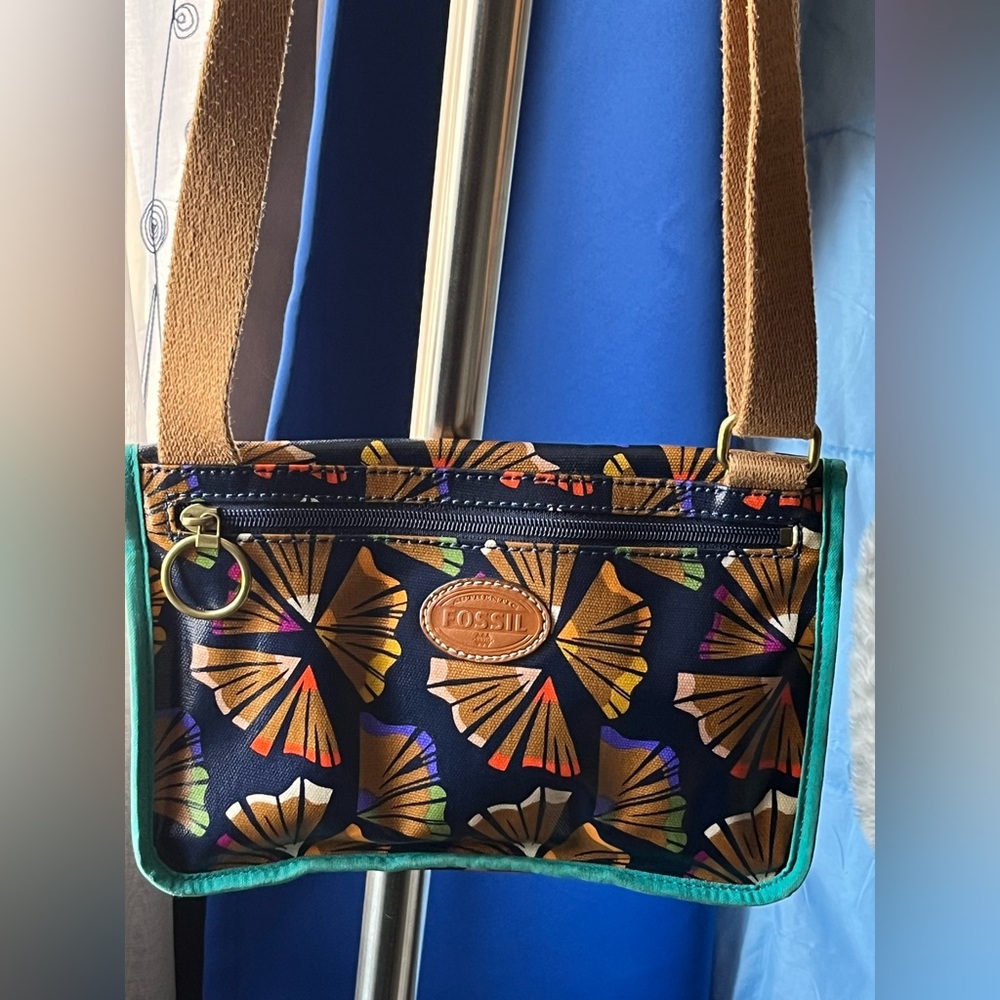 Fossil Navy Crossbody with Brown Strap and Multicolor Floral Accents